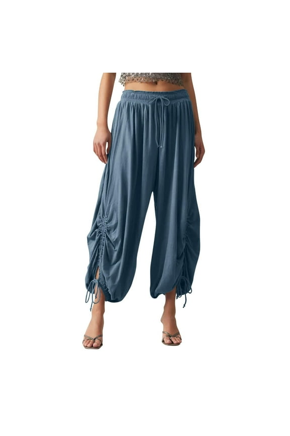 Womens Boho Wide Leg Loose Pants Cropped Rayon Summer Beach Pants Smocked Waist Palazzo Pants