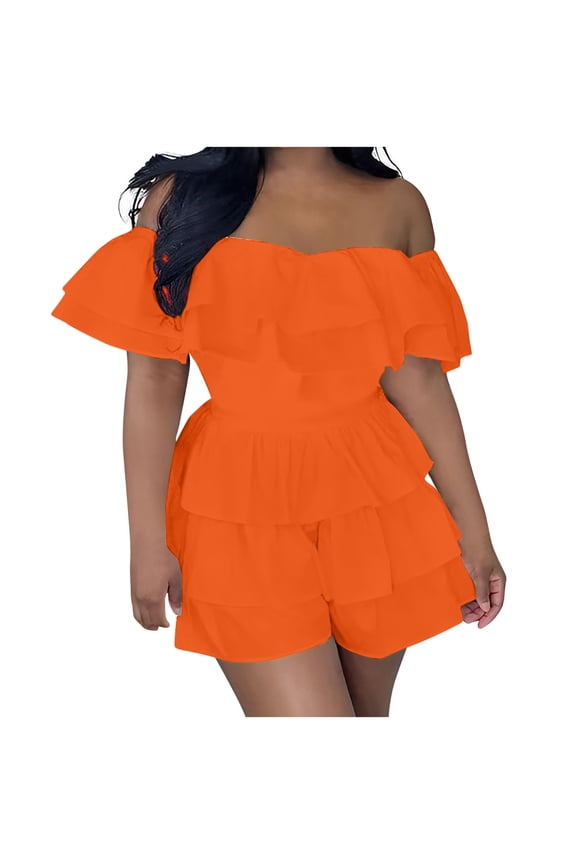 Womens Boho off Shoulder Rompers Summer Ruffle Dresses Short Sleeve Tiered Short Jumpsuits