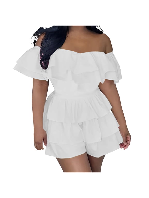 Womens Boho off Shoulder Rompers Summer Ruffle Dresses Short Sleeve Tiered Short Jumpsuits