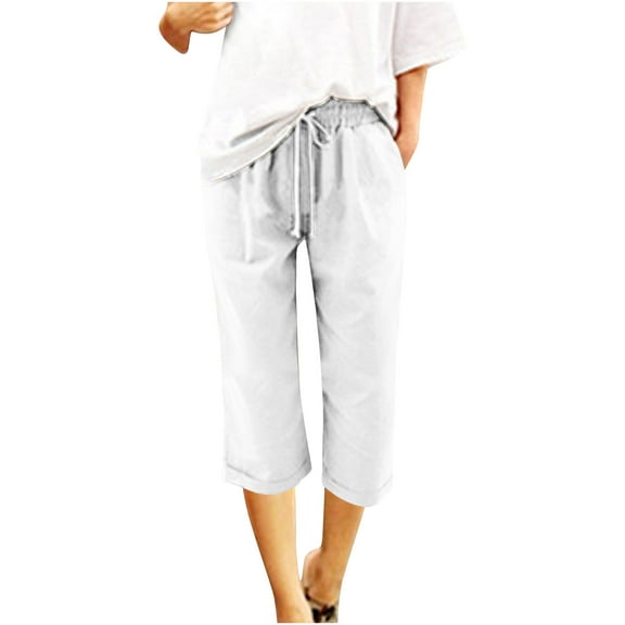 REALiKUN Womens Capri Pants Drawstring Elastic Waist Linen Pant Straight Wide Leg Cropped Pants Trouser with Pockets