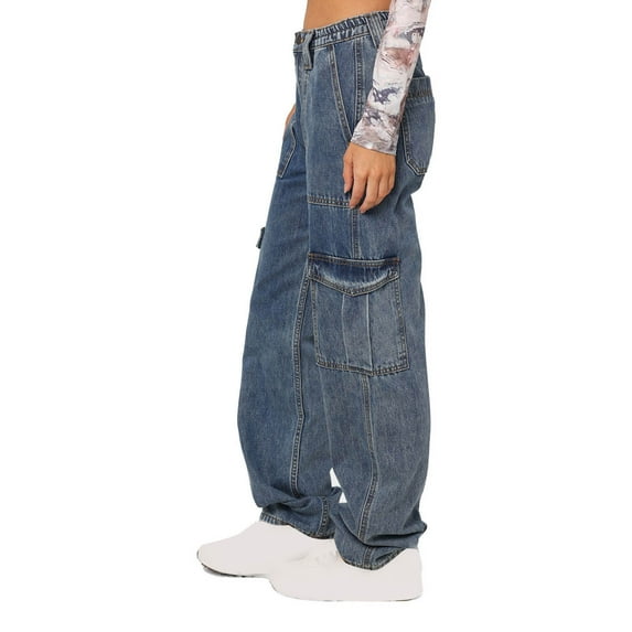 REALiKUN Womens Cargo Jeans High Waisted Wide Leg Denim Pants Casual Baggy Teen Girl Streetwear Pants with Pockets