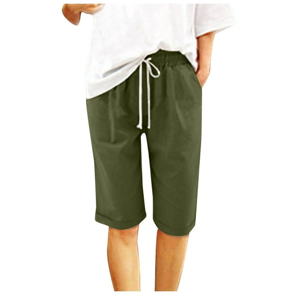 REALiKUN Womens Casual Capri Pants Elastic Waist Solid Color 3/4 Wide Leg Summer Trousers with Pockets Army Green L