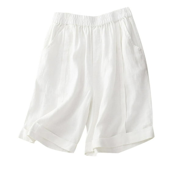 REALiKUN Womens Casual Drawstring Shorts Summer Elastic Waist Shorts Pocketed Pants White M