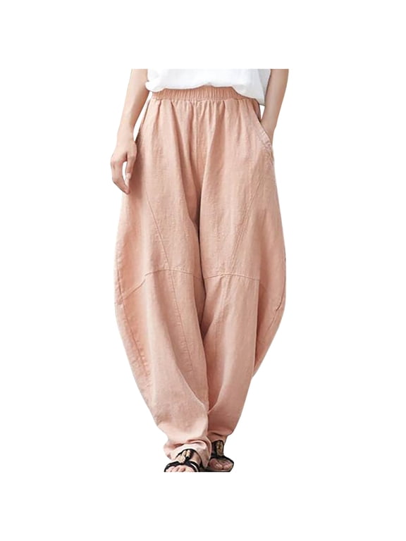 Womens Casual Linen Baggy Pants Elastic Waist Relax Fit Cotton Hippie Gypsy Harem Pant Drop Crotch Yoga Pants