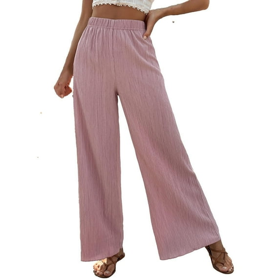 REALiKUN Womens Casual Linen Pants Elegant High Waist Wide Leg Trouses Loose Stretchy Wrinkle Summer Beach Pant