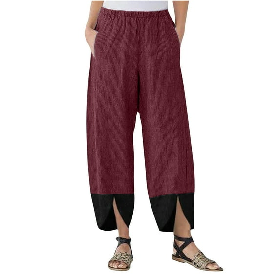 REALiKUN Womens Casual Loose Cropped Pants Baggy Corduroy Irregular Work Trousers Wide Leg Outdoor Workout Capris Harem Pants