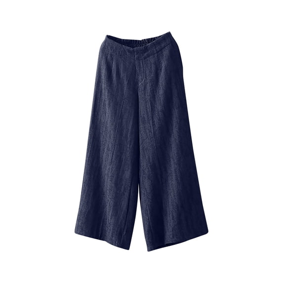 REALiKUN Womens Casual Loose Elastic Waist Cotton Trouser Cropped Wide Leg Pants Cotton Linen Pants