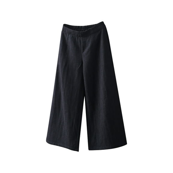 REALiKUN Womens Casual Loose Elastic Waist Cotton Trouser Cropped Wide Leg Pants Cotton Linen Pants