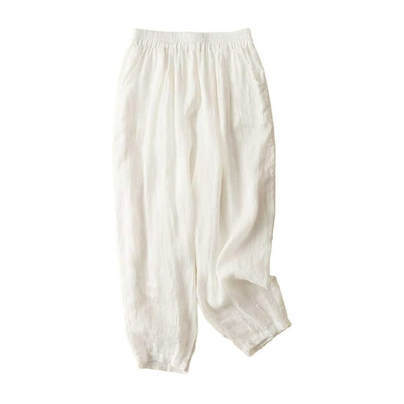 REALiKUN Womens Casual Loose Elastic Waist Drawstring Cotton Trouser Cropped Wide Leg Pants