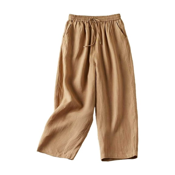 REALiKUN Womens Casual Loose Elastic Waist Drawstring Cotton Trouser Cropped Wide Leg Pants