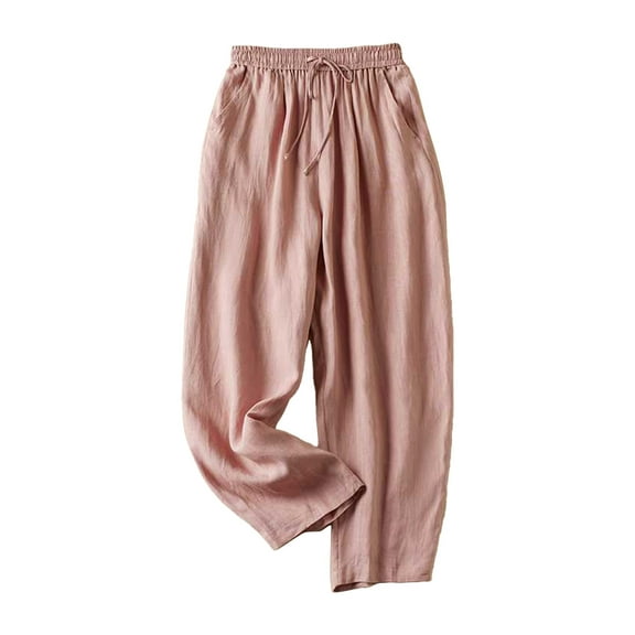 REALiKUN Womens Casual Loose Elastic Waist Drawstring Cotton Trouser Cropped Wide Leg Pants
