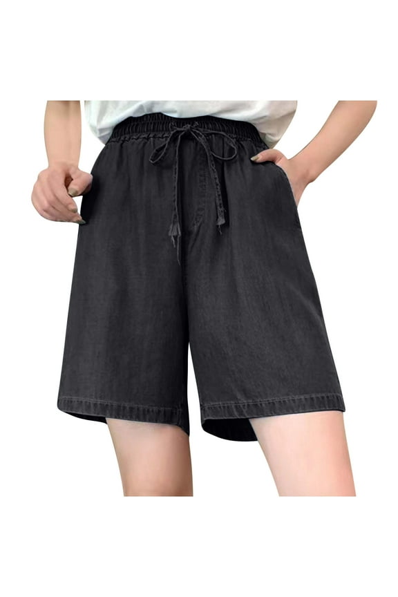 Womens Comfy Drawstring Casual Elastic Waist Pocketed Denim Jean Shorts Black XXL