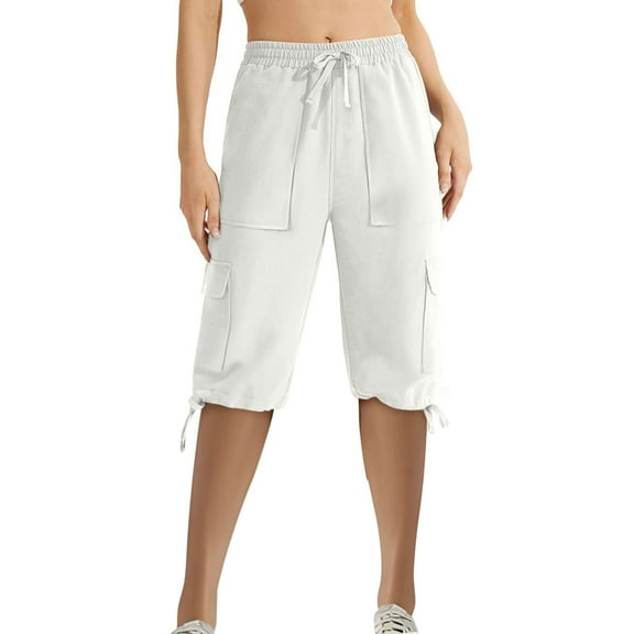 REALiKUN Womens Cotton Cargo Capris Soft Stretch Drawstring Travel Casual Capri Pants for Women with Pockets