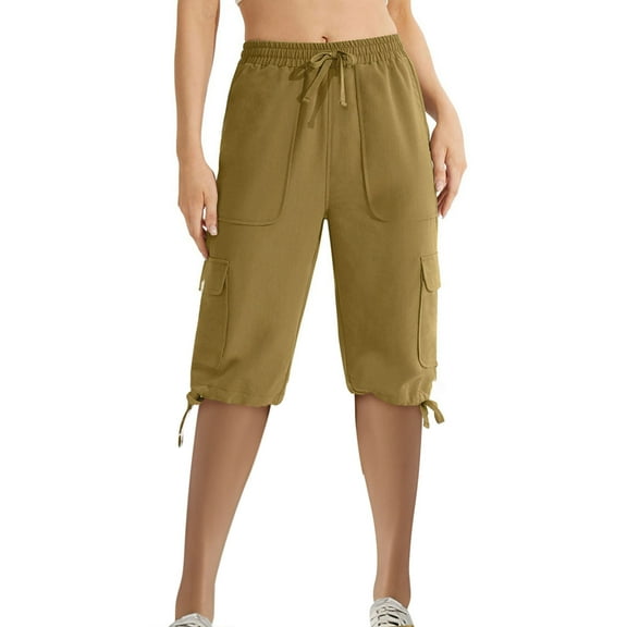 REALiKUN Womens Cotton Cargo Capris Soft Stretch Drawstring Travel Casual Capri Pants for Women with Pockets