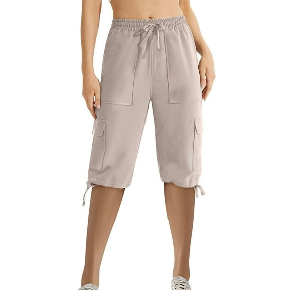 REALiKUN Womens Cotton Cargo Capris Soft Stretch Drawstring Travel Casual Capri Pants for Women with Pockets