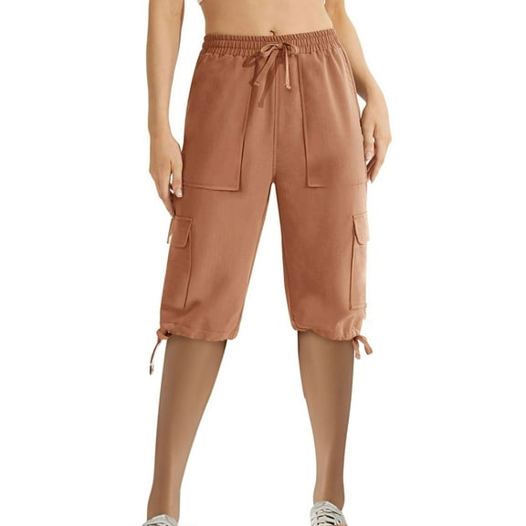 REALiKUN Womens Cotton Cargo Capris Soft Stretch Drawstring Travel Casual Capri Pants for Women with Pockets