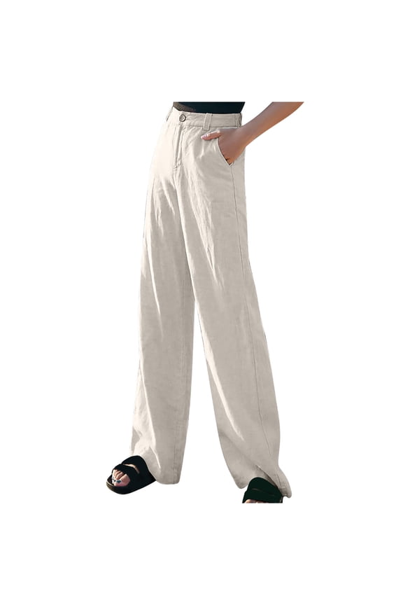 Womens Cotton Linen Pants Casual Solid Button Up Slacks Summer High Waisted Palazzo Wide Leg Straight Trousers