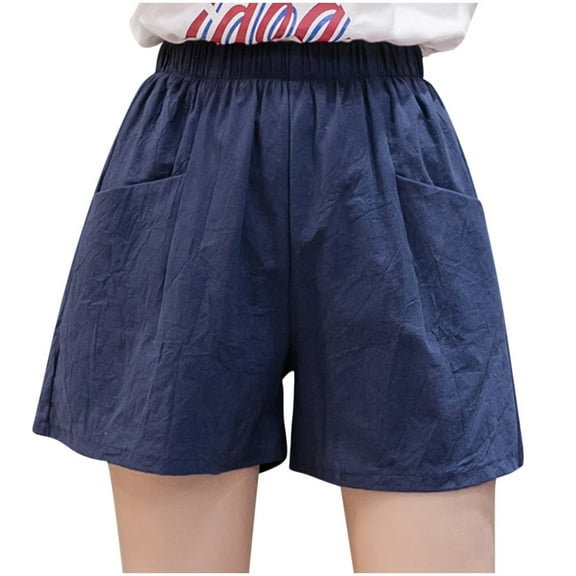 REALiKUN Womens Cotton Linen Shorts, Summer Comfy Soft Pants, High Waist Trendy Casual Shorts for Women Navy L