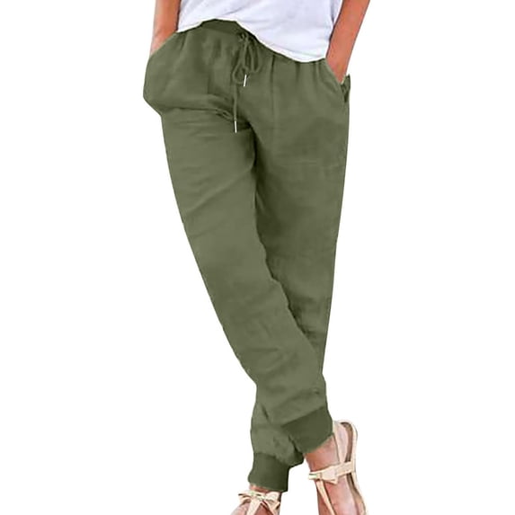 REALiKUN Womens Cotton Linen Tapered Pants Summer Drawstring Elastic Waist Pants Casual Trousers with Pockets