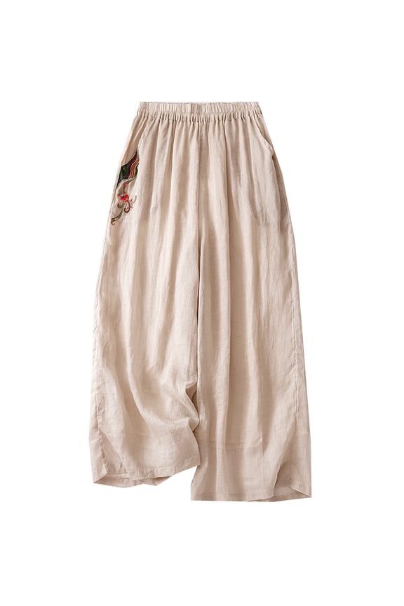 Womens Embroidery Cotton Linen Versatile Casual Pants Vintage Elastic Waist Loose Palazzo Pants with Pockets