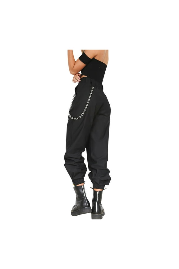 Womens Harem Baggy Pants Teens Girls Casual Hip Hop Dance Jogging Sweat Pants Slacks Trousers with Pocket Chain Black S