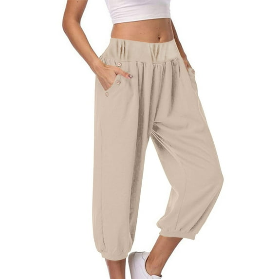 REALiKUN Womens Harem Pants Loose Fit Solid Color Cropped Pants Cinch Bottom Yoga Trousers Capri Leggings for Teen Girls