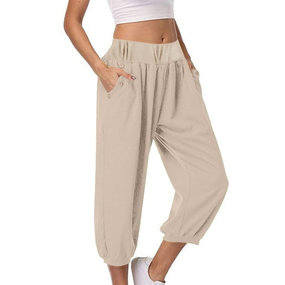 REALiKUN Womens Harem Pants Loose Fit Solid Color Cropped Pants Cinch Bottom Yoga Trousers Capri Leggings for Teen Girls