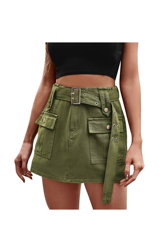 Womens High Waisted Denim Cargo Skirt Shorts Jean Skorts Punk Loose Fit Belted Rock Hot Shorts with Pockets