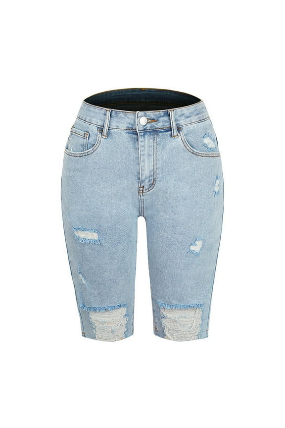 Womens Jean Shorts High Waisted Denim Shorts Ripped Distressed Knee Length Stretch Denim Jean Short Light Blue XXL
