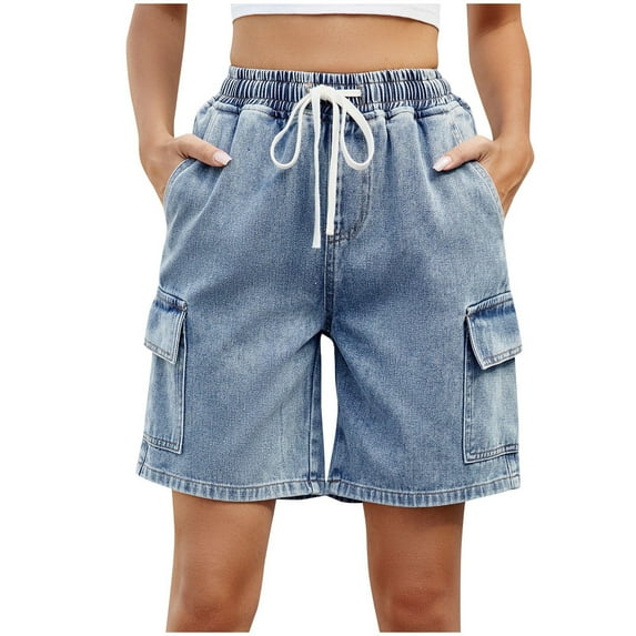 REALiKUN Womens Jean Shorts High Waisted Stretchy Baggy Denim Shorts with Pockets Blue XXL