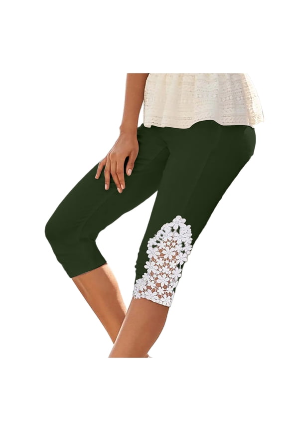 Womens Knee Length Capri Leggings Floral Lace High Waist Leggings Skinny Cropped Workout Yoga Pants