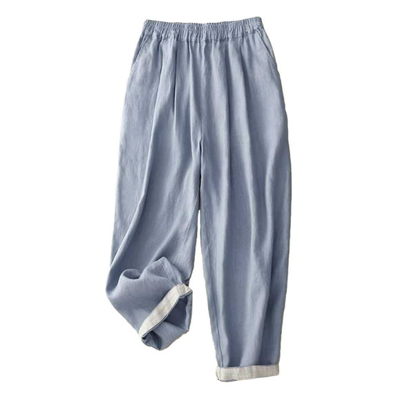 REALiKUN Womens Latern Pants Summer Baggy Cotton Linen Casual Pants Elastic High Waisted Going Out Pants with Pockets