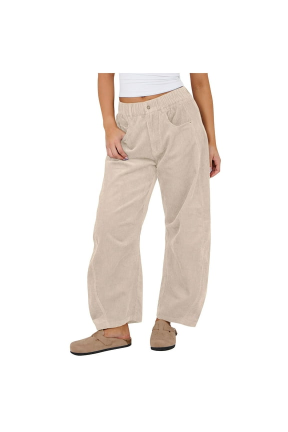 Womens Mid Rise Cord Barrel Jeans Casual Baggy Wide Leg Corduroy Cropped Ankle Pants with Pockets