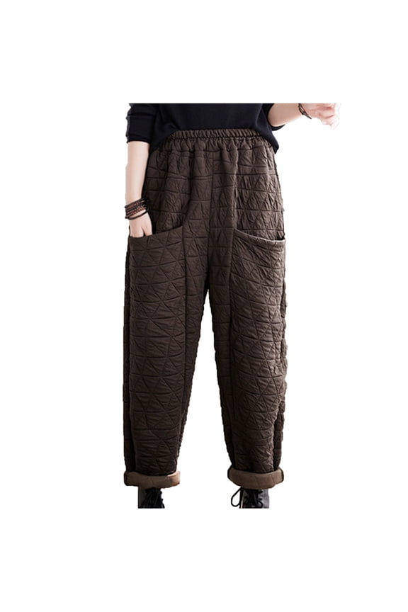 Womens Padded Quilted Sweat Pants Fall Winter Warm Casual Baggy Skinny Pants Solid Elastic Waist Lounge Trousers
