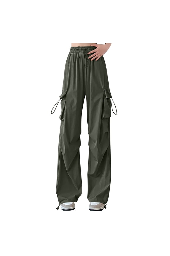 Womens Parachute Cargo Pants Trendy Baggy Fit Adjustable Drawstring High Waisted Pants with Pockets