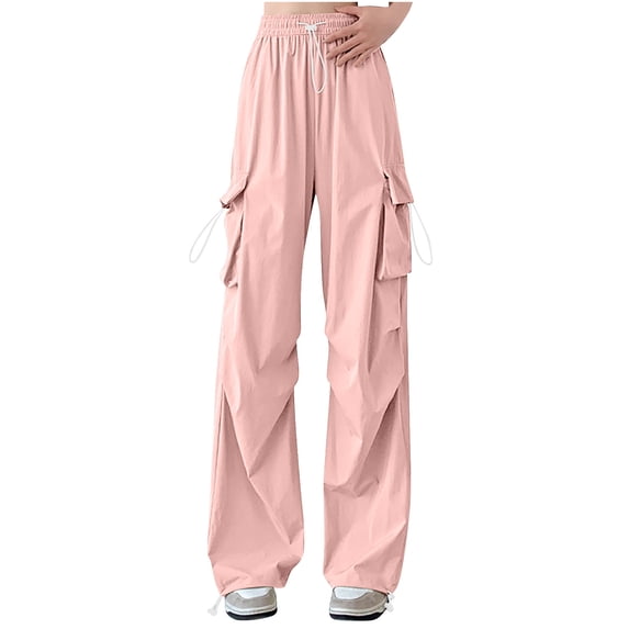 REALiKUN Womens Parachute Cargo Pants Trendy Baggy Fit Adjustable Drawstring High Waisted Pants with Pockets
