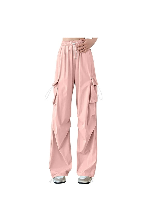 Womens Parachute Cargo Pants Trendy Baggy Fit Adjustable Drawstring High Waisted Pants with Pockets