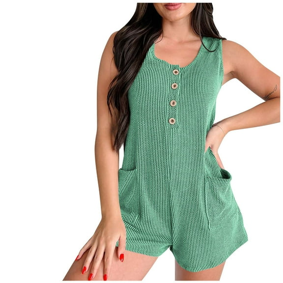 REALiKUN Womens Short Jumpsuits Crewneck Sleeveless front Button Loose Fit Casual Summer Romper with Pockets