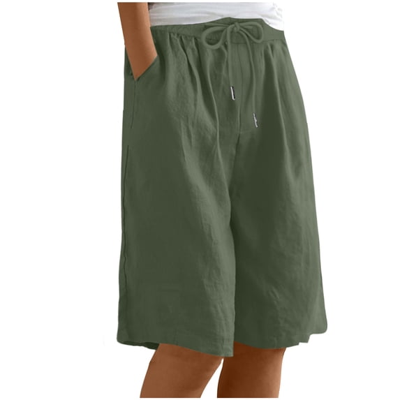 REALiKUN Womens Shorts Trendy Basic Summer Drawstring Knee Length Linen Pants Casual Loose Lounge Lightweight Travel Clothes