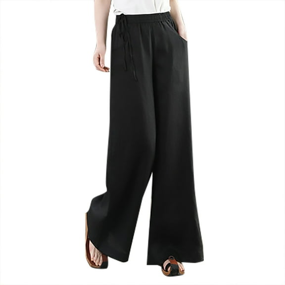 REALiKUN Womens Straight Leg Pull on Pants Cotton Linen Trousers Palazzo Lounge Pants Slacks Summer Casual Comfy Loose Pants