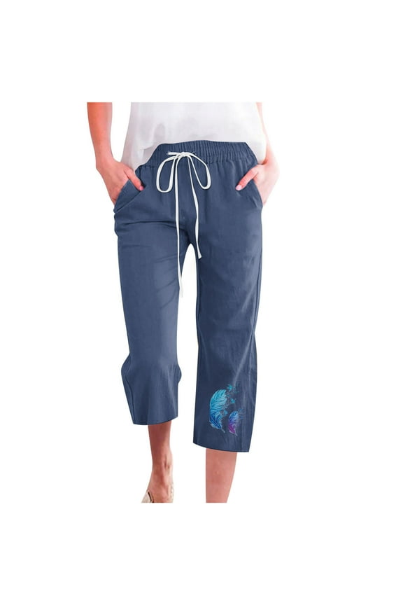 Womens Stylish Capri Pants with Elastic Waistband and Drawstring Soft Cotton Loose Fit Cropped Pants for Casual Wear