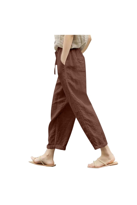 Womens Summer Linen Pants Women Drawstring Elastic Waist Harem Pant Basic Lightweight Linen Pants Straight Leg