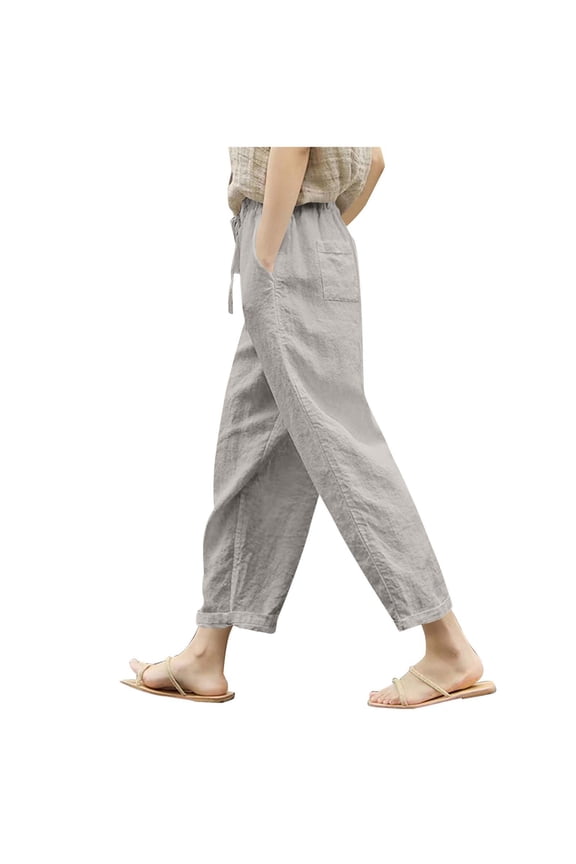 Womens Summer Linen Pants Women Drawstring Elastic Waist Harem Pant Basic Lightweight Linen Pants Straight Leg