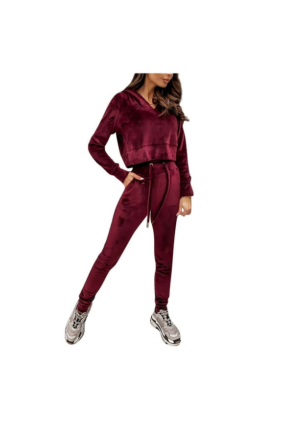 Womens Velour Tracksuit Two Piece Outfits for Women Long Sleeve Hooded Zip Crop Tops Flared Pants Set Wine XL