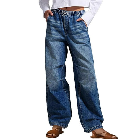 REALiKUN Womens Wide Leg Jeans Elastic Waist Drawstring Baggy Jeans Boyfriend Jeans Loose Denim Pants