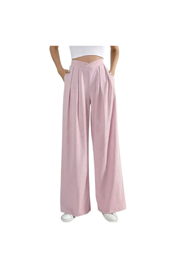 Womens Wide Leg Pants Crossover Waist Pleated Front Work Business Casual Pant Lounge Slacks Trouser Pockets