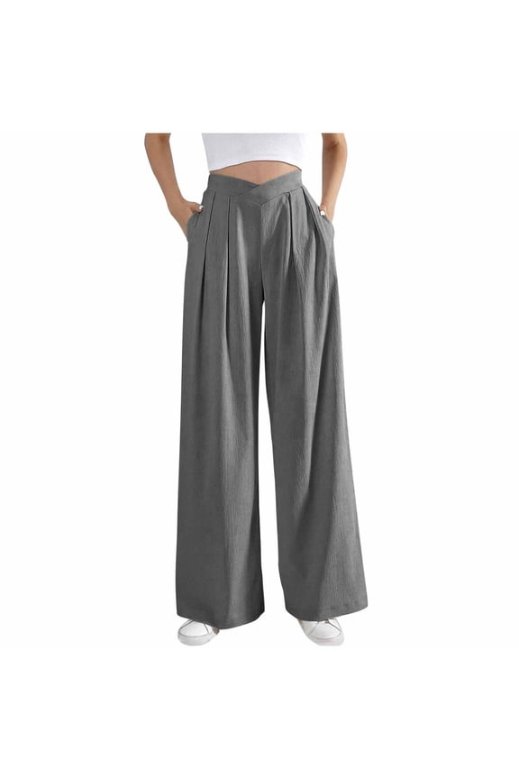 Womens Wide Leg Pants Crossover Waist Pleated Front Work Business Casual Pant Lounge Slacks Trouser Pockets