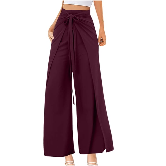 REALiKUN Womens Wide Leg Pants Yoga Flowy Split Palazzo Pants Tie Front Wrap Trousers Beach Cover Up Casual Lounge Boho Pants
