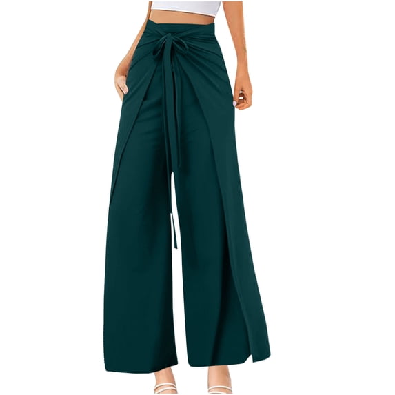 REALiKUN Womens Wide Leg Pants Yoga Flowy Split Palazzo Pants Tie Front Wrap Trousers Beach Cover Up Casual Lounge Boho Pants