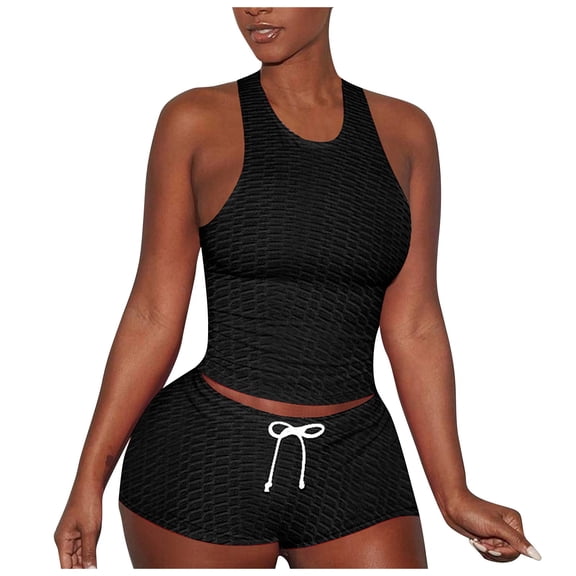 REALiKUN Workout Sets for Women 2 Piece Seamless Ribbed Crop Tank High Waist Shorts Yoga Outfits Black M